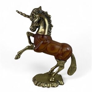 VTG PENCO Brass  Wood Unicorn Horse Statue Figurine 9" Tall Mystical Fantasy